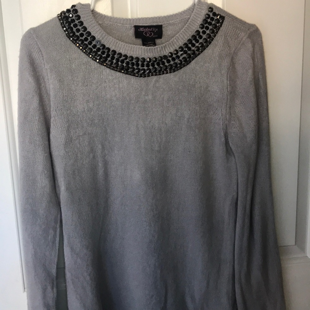 Grey Beaded Long Sleeve Sweater